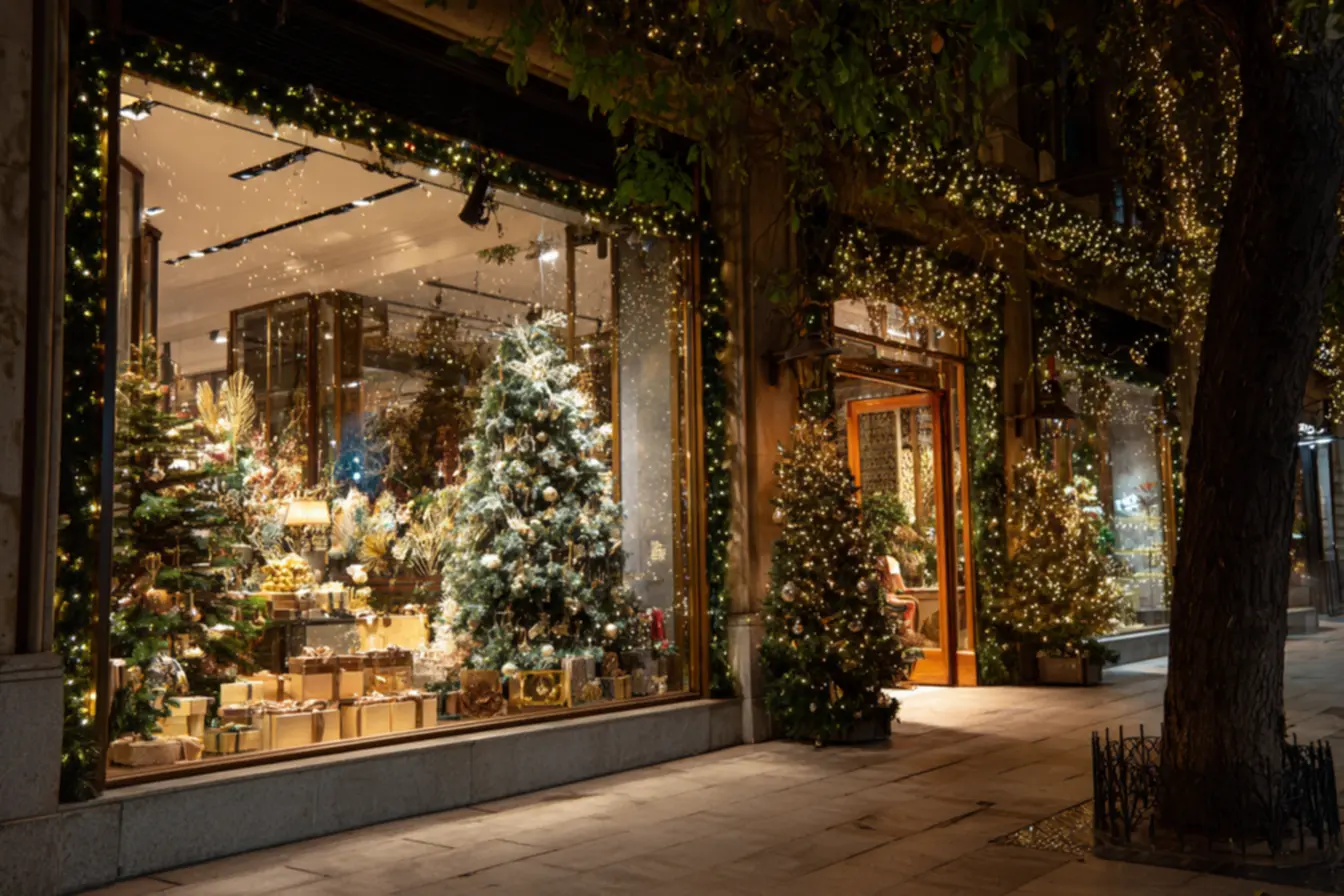 Vitrines de natal com design moderno e cores vibrantes