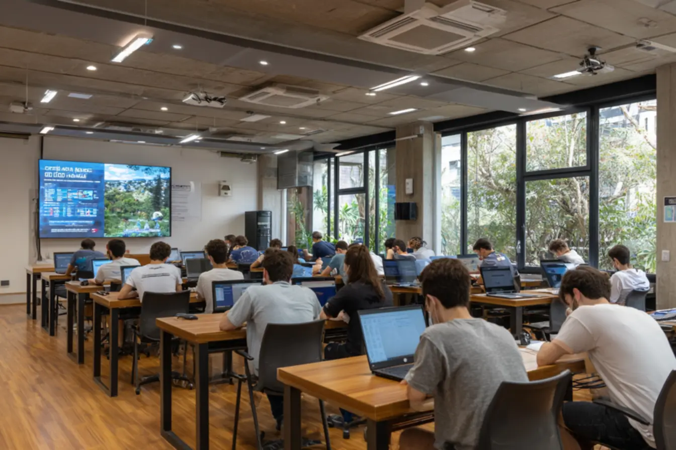 Imagem de alunos e professores em um campus