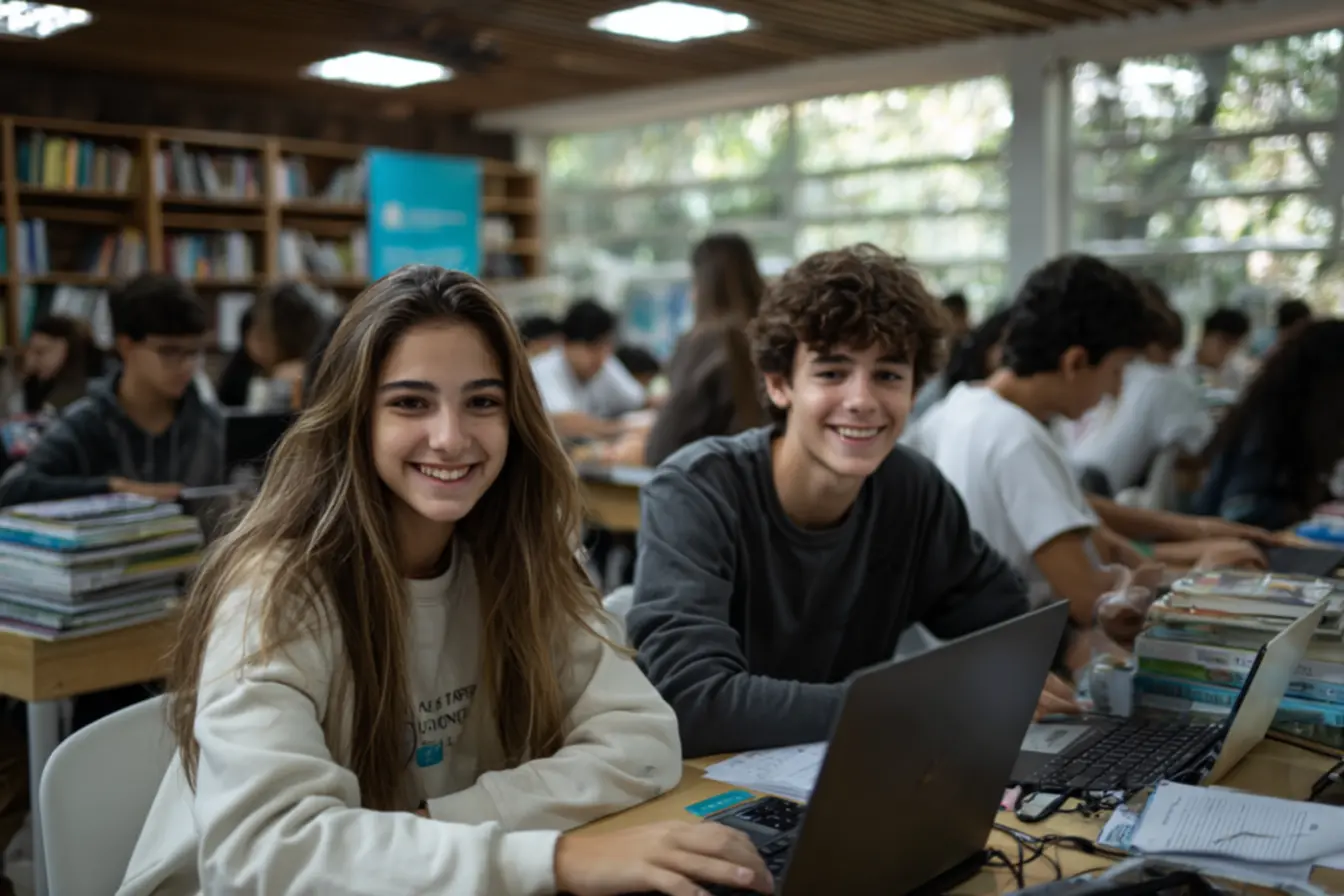 Estudantes organizando material para o Enem