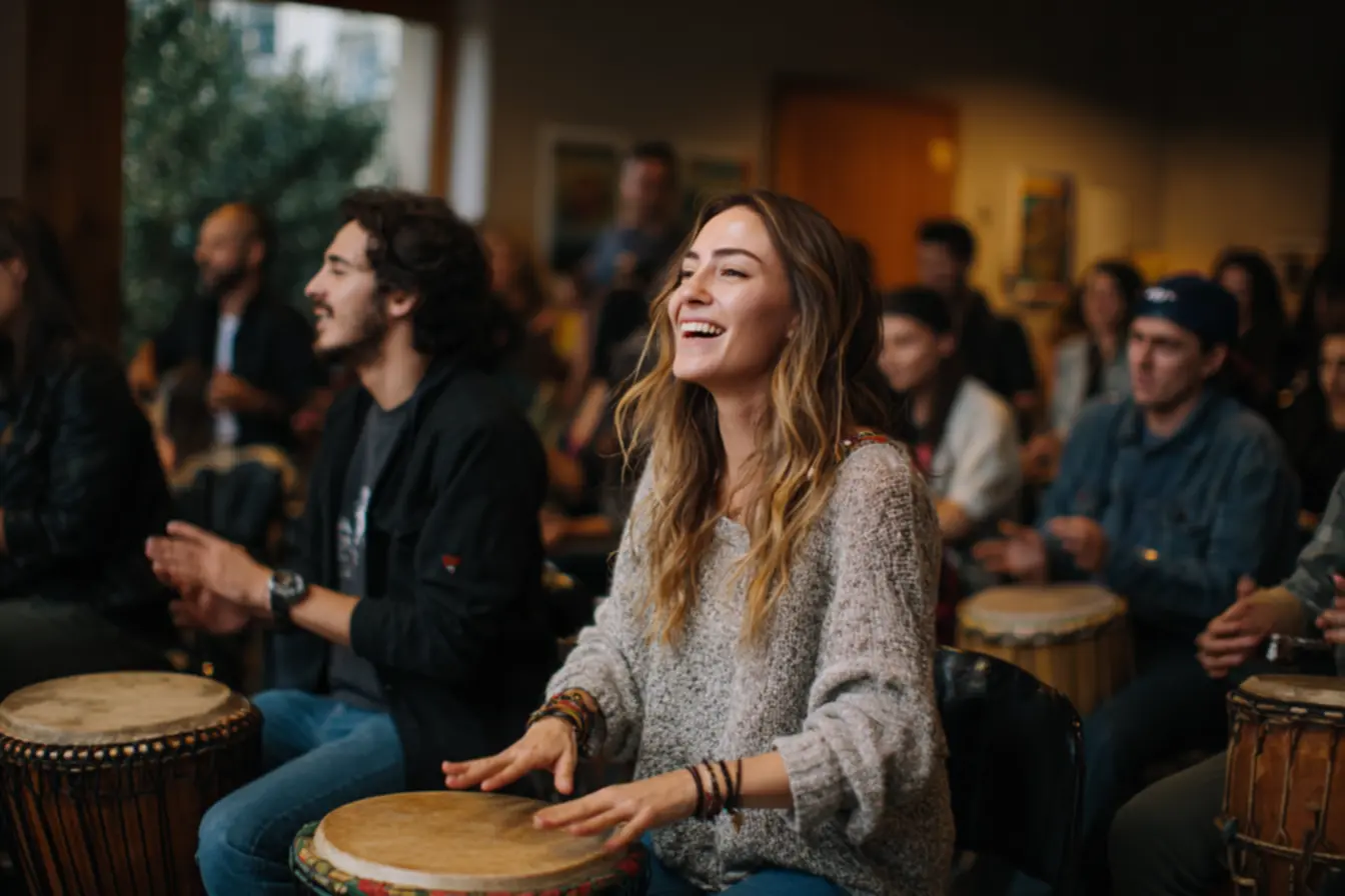 Alunos praticando em cursos para tocar pandeiro