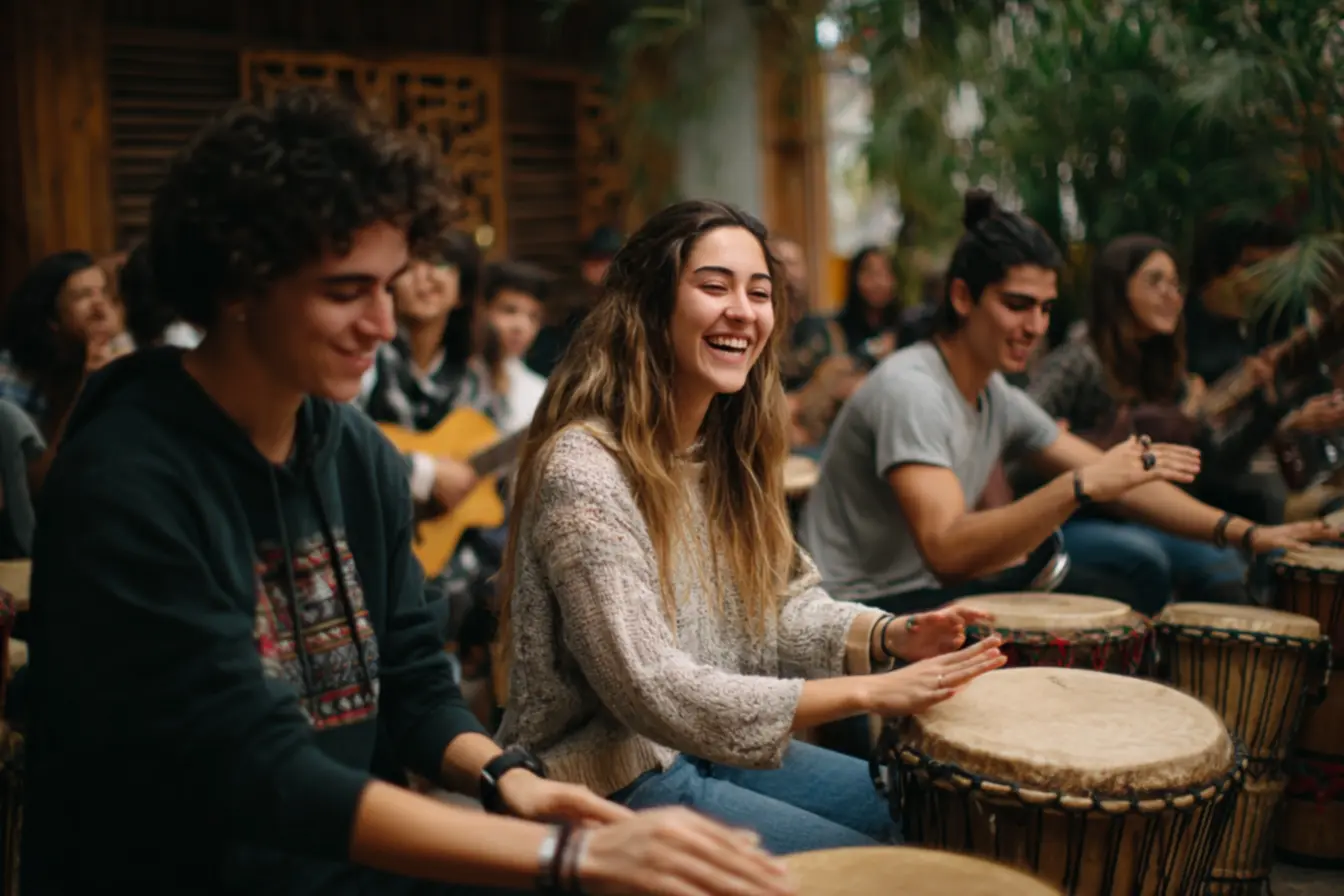 Aula coletiva em cursos para tocar pandeiro