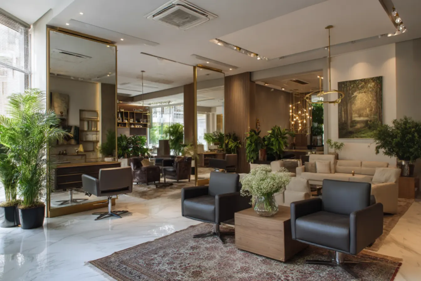 Detalhe de bancada em decoracao de salao de beleza com espelho grande e prateleiras organizadas