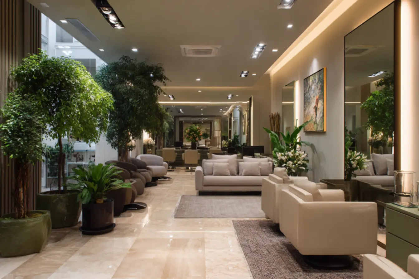 Imagem de decoracao de salao de beleza mostrando recepção elegante com plantas e mobiliário moderno