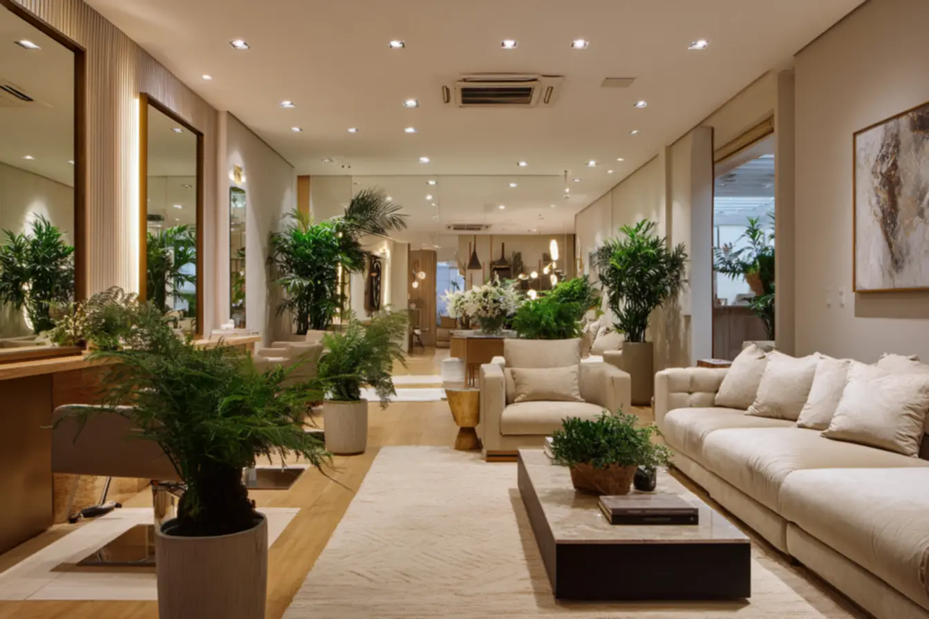 Fotografia de ambiente com cadeiras e espelhos em decoracao de salao de beleza mostrando harmonia e estilo