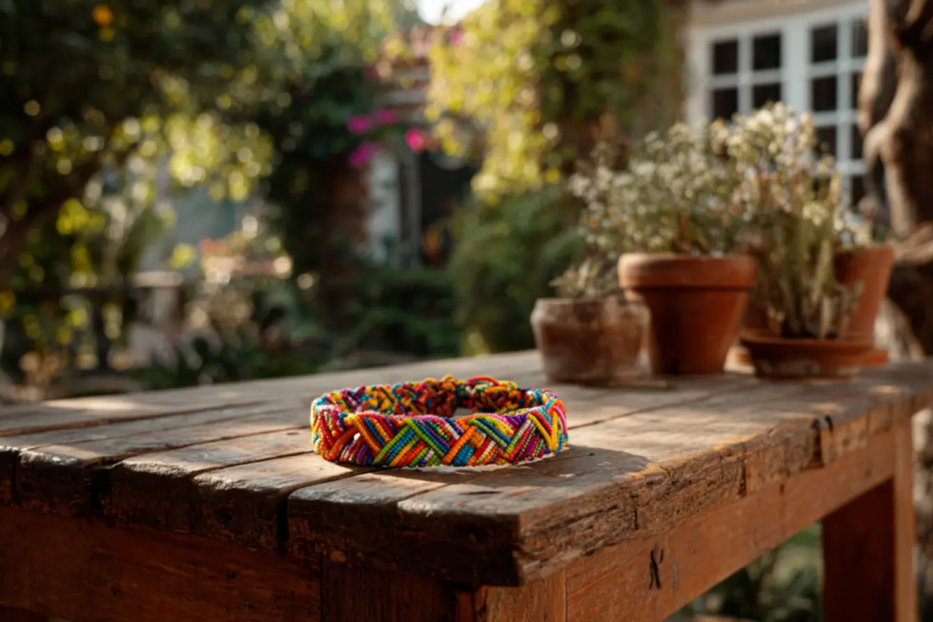 Detalhe de pulseiras com embalagem e etiqueta sobre por quanto vender uma pulseira de micanga