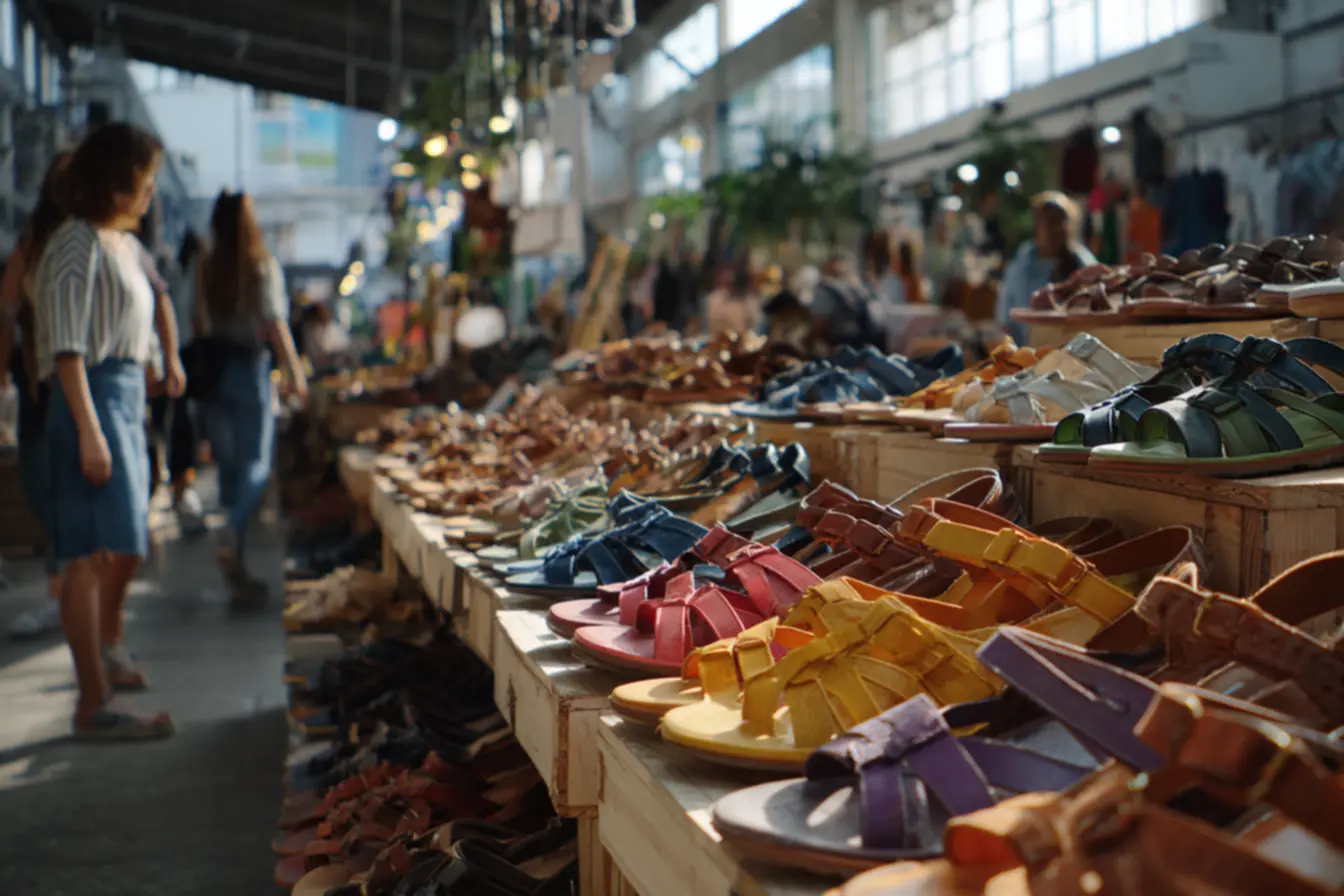 Exposição de produtos com destaque para rasteirinhas no atacado em vitrine
