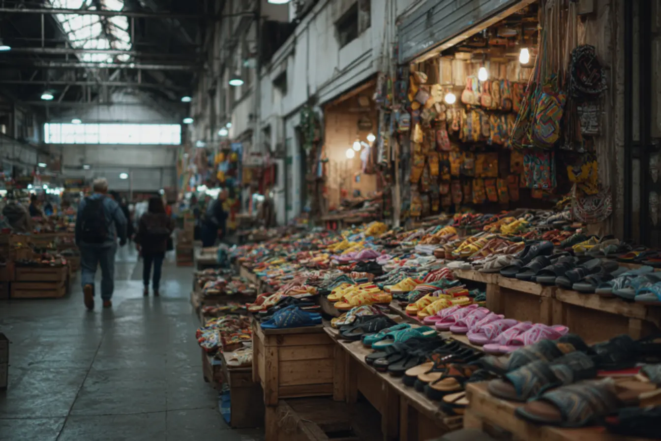 Fornecedor inspecionando lote de rasteirinhas no atacado garantindo qualidade